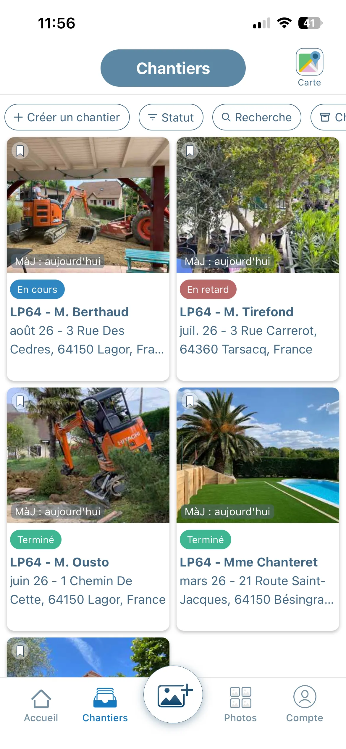 Liste des chantiers d'une entreprise du paysage dans Letmo, chacun avec sa photo de couverture, son statut et son adresse