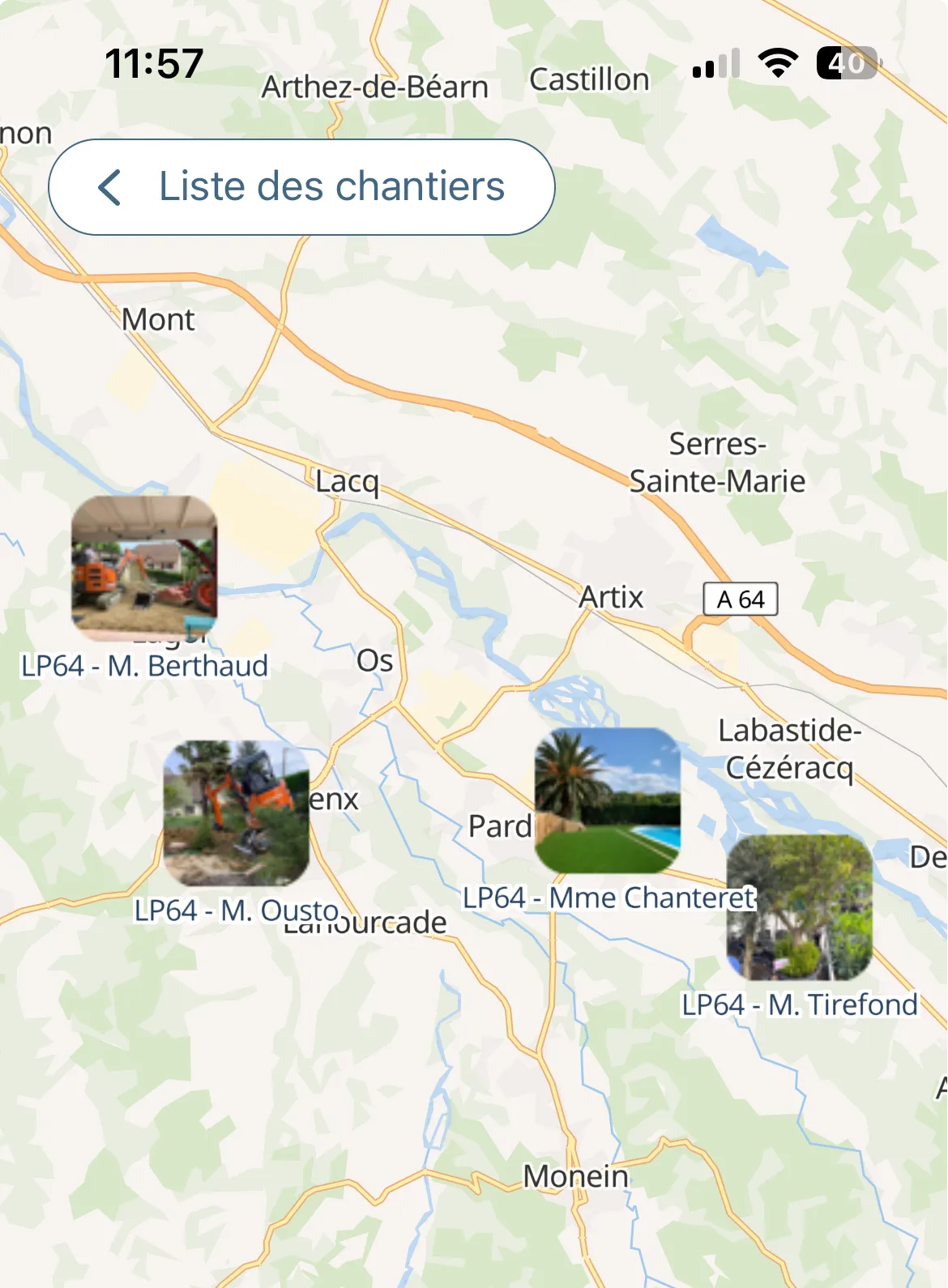 Carte des chantiers d'une entreprise du paysage en Béarn, chaque chantier repéré par une vignette photo