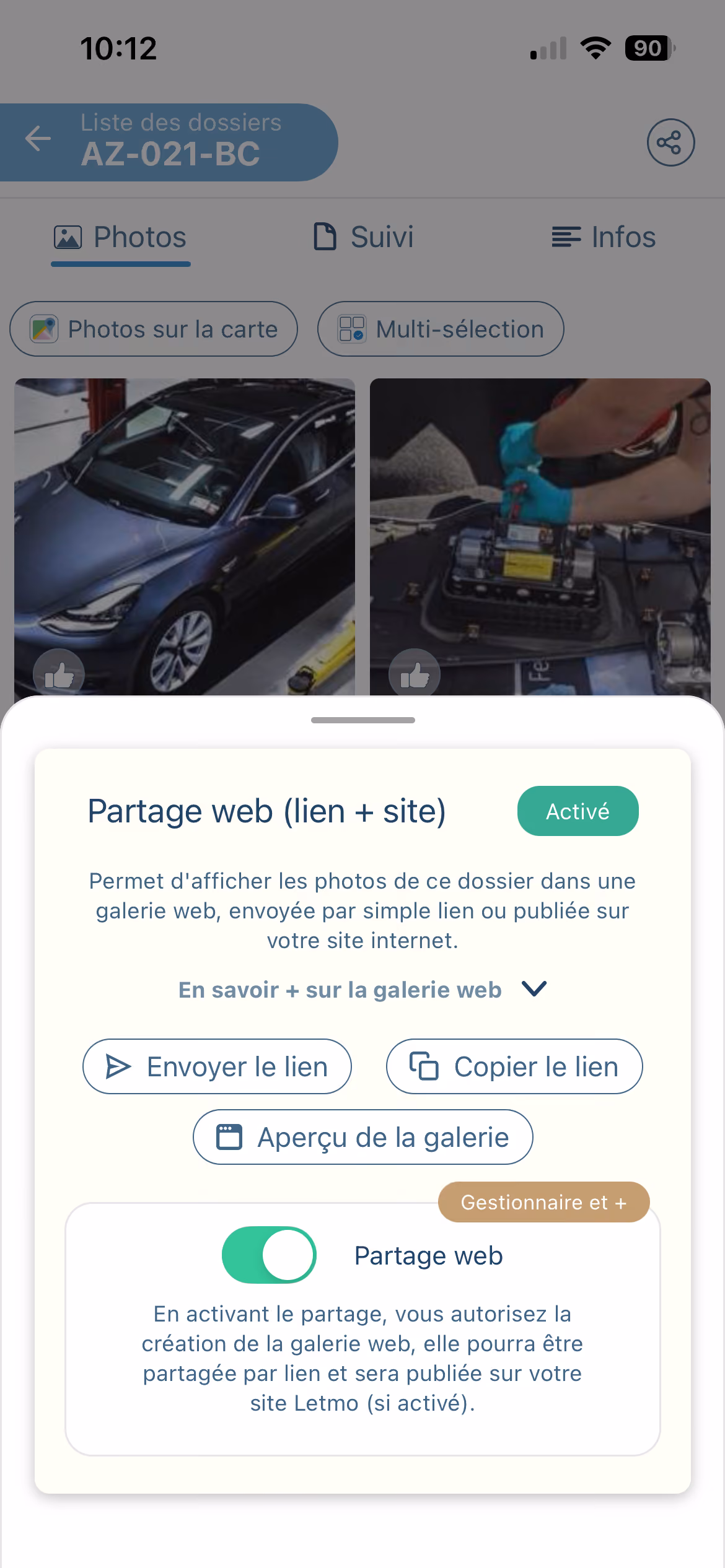 Modale de partage web dans Letmo : envoyer le lien, copier le lien ou prévisualiser la galerie du véhicule