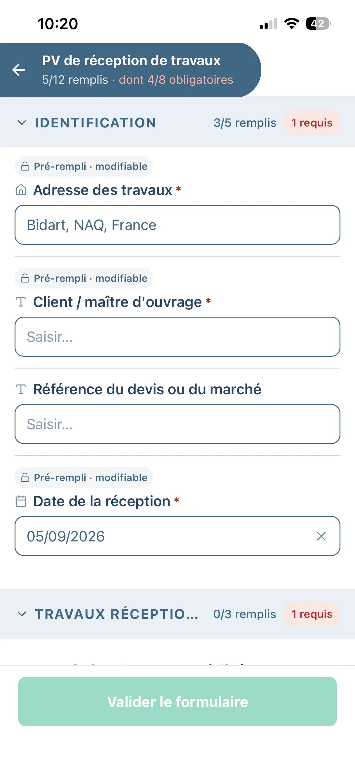 Écran de saisie d'un PV de réception de travaux dans l'application Letmo, avec les champs adresse et date déjà pré-remplis depuis le dossier
