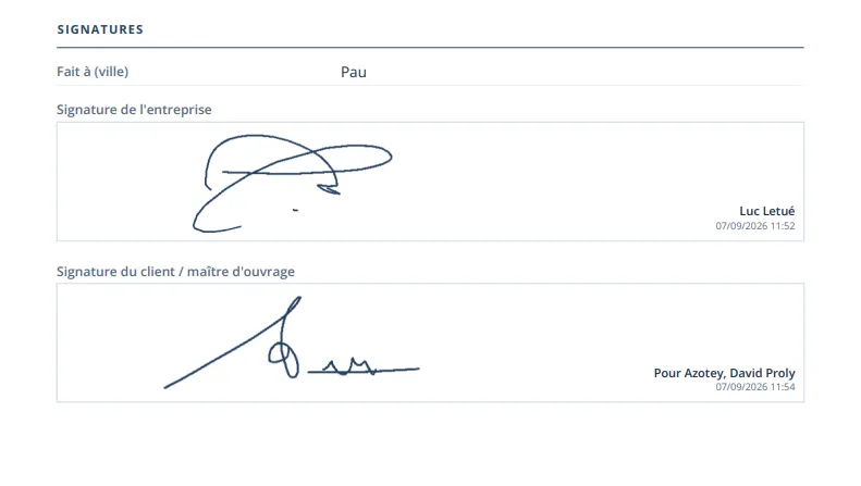 Bloc signatures du procès-verbal, avec la signature de l'entreprise et celle du client, chacune horodatée et attribuée