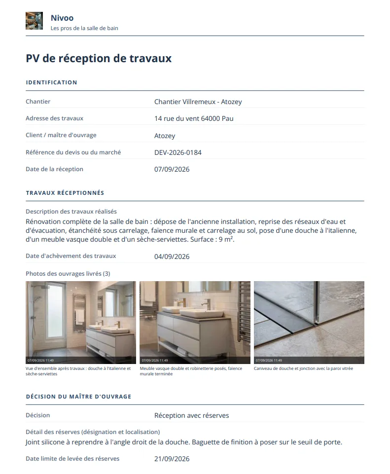 Procès-verbal de réception de travaux généré par Letmo, à l'en-tête de l'entreprise, avec trois photos légendées et horodatées et le détail des réserves