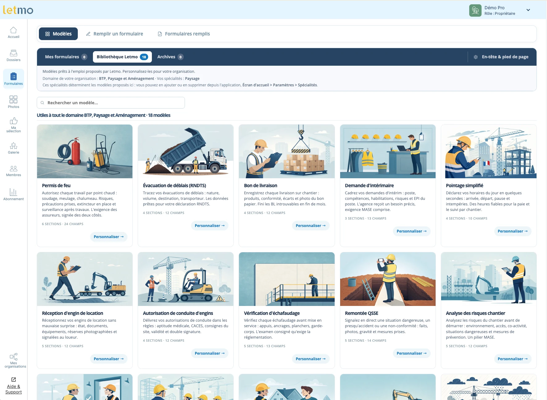 Bibliothèque de modèles de formulaires Letmo dans l'espace membre web, présentée en grille avec une illustration par modèle
