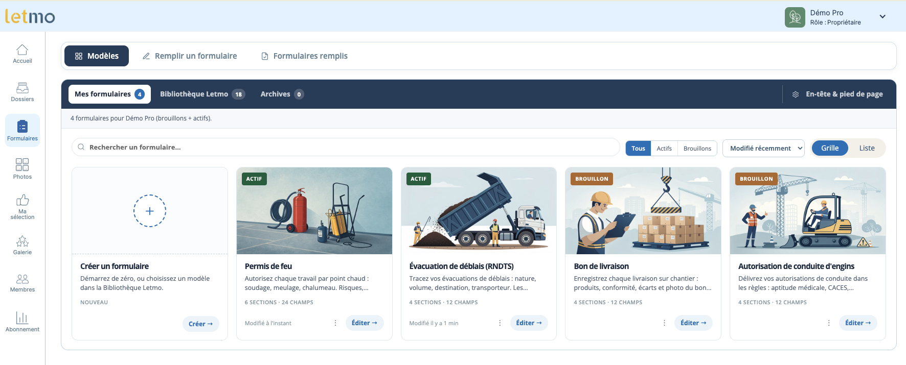 Modèles de formulaires personnalisés par une organisation dans Letmo, avec leur statut actif ou brouillon