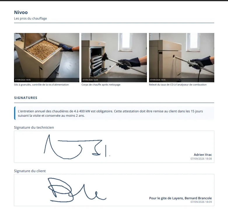 Extrait d'une attestation d'entretien produite par Letmo : trois photos légendées et horodatées, puis les signatures du technicien et du client