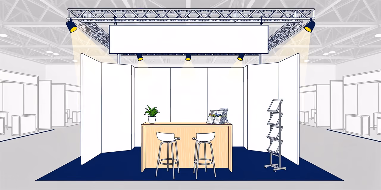 Stand modulaire monté dans un hall d'exposition, avant l'ouverture du salon