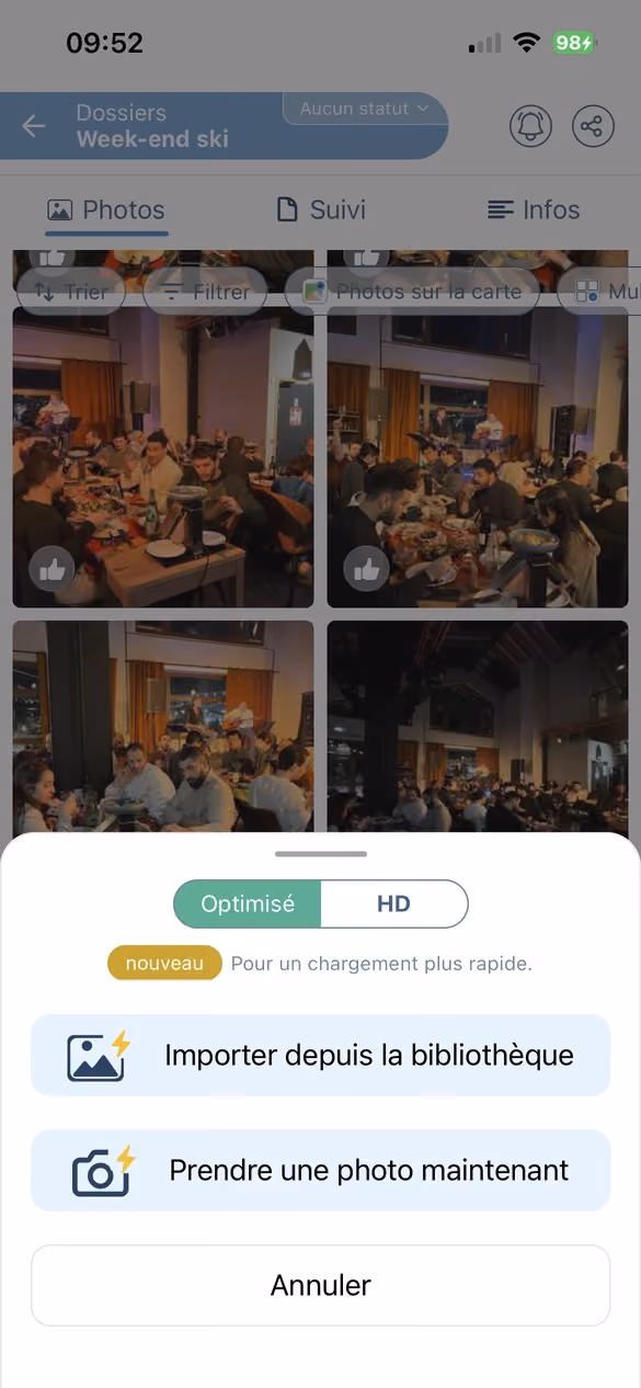 Le choix entre le mode Optimisé et le mode HD au moment d'envoyer une photo dans Letmo