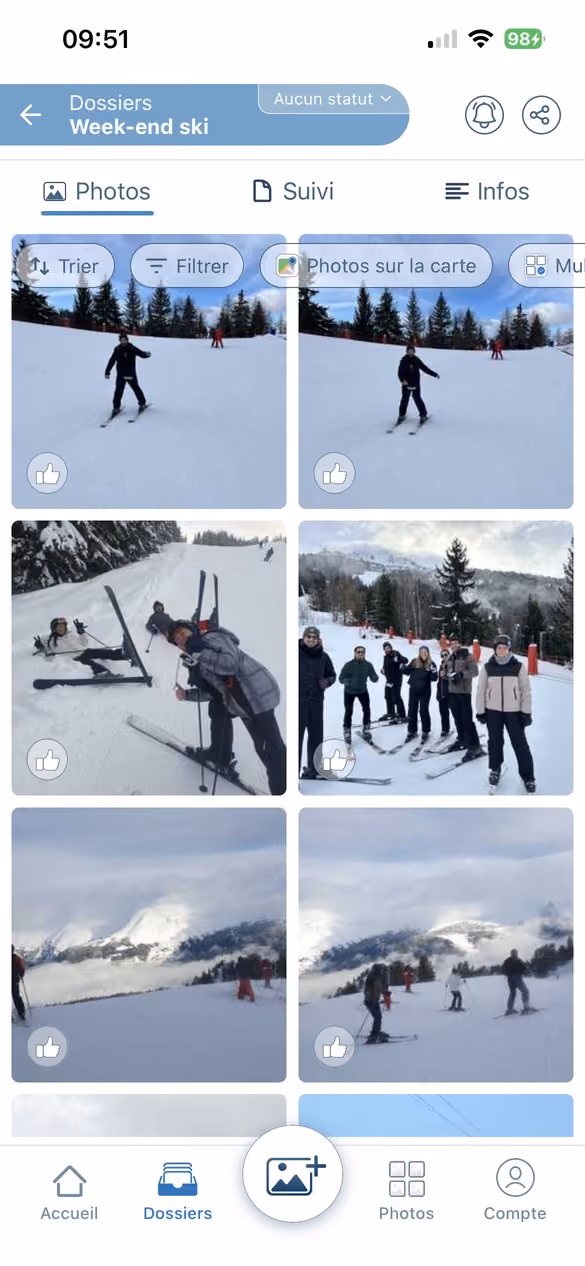 Le dossier d'un événement dans l'application Letmo, avec ses photos, le tri, les filtres et la carte