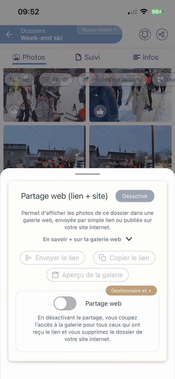 Le partage web d'un dossier Letmo : la galerie envoyée par lien