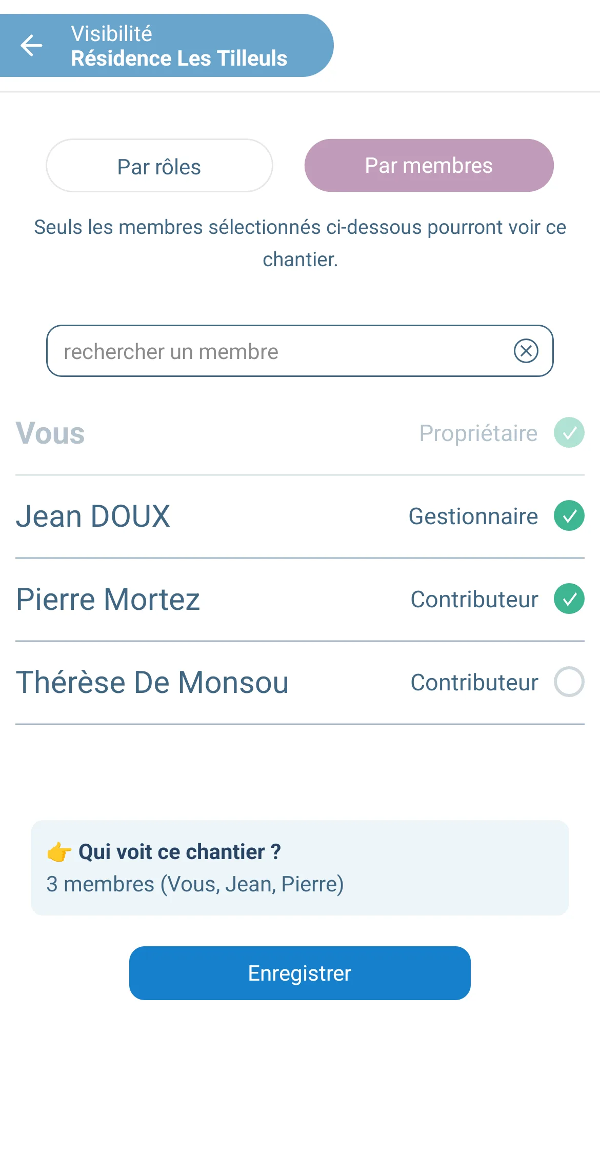 Visibilité d'un chantier dans Letmo, réglée par membres : trois personnes cochées sur quatre peuvent voir le chantier