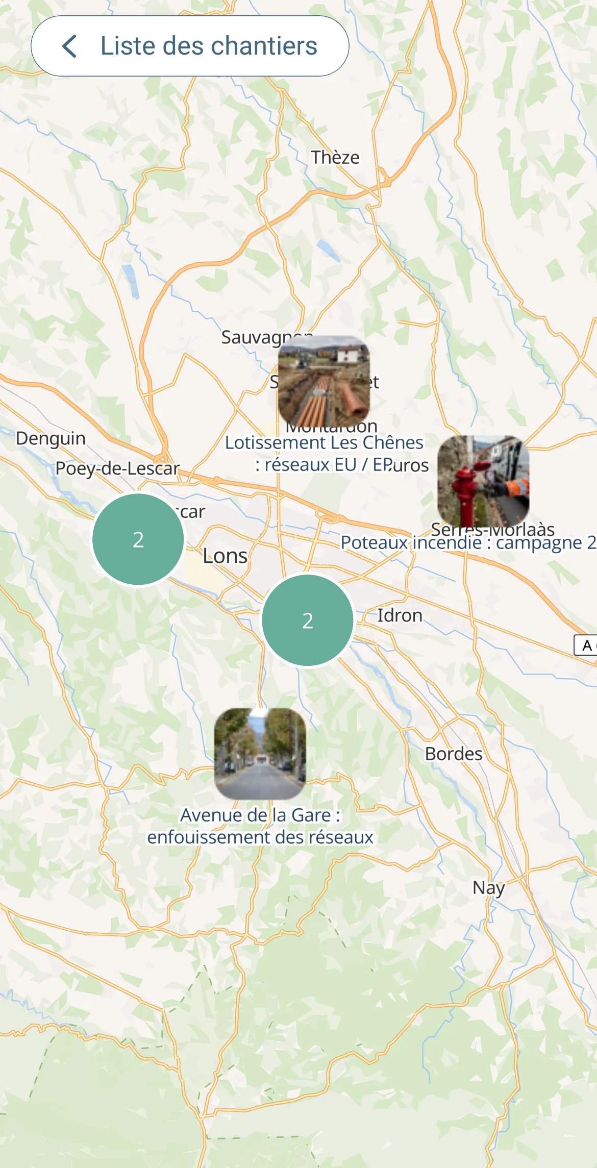 Carte des chantiers dans Letmo : les chantiers géolocalisés avec leur photo, et des points regroupés quand ils sont proches