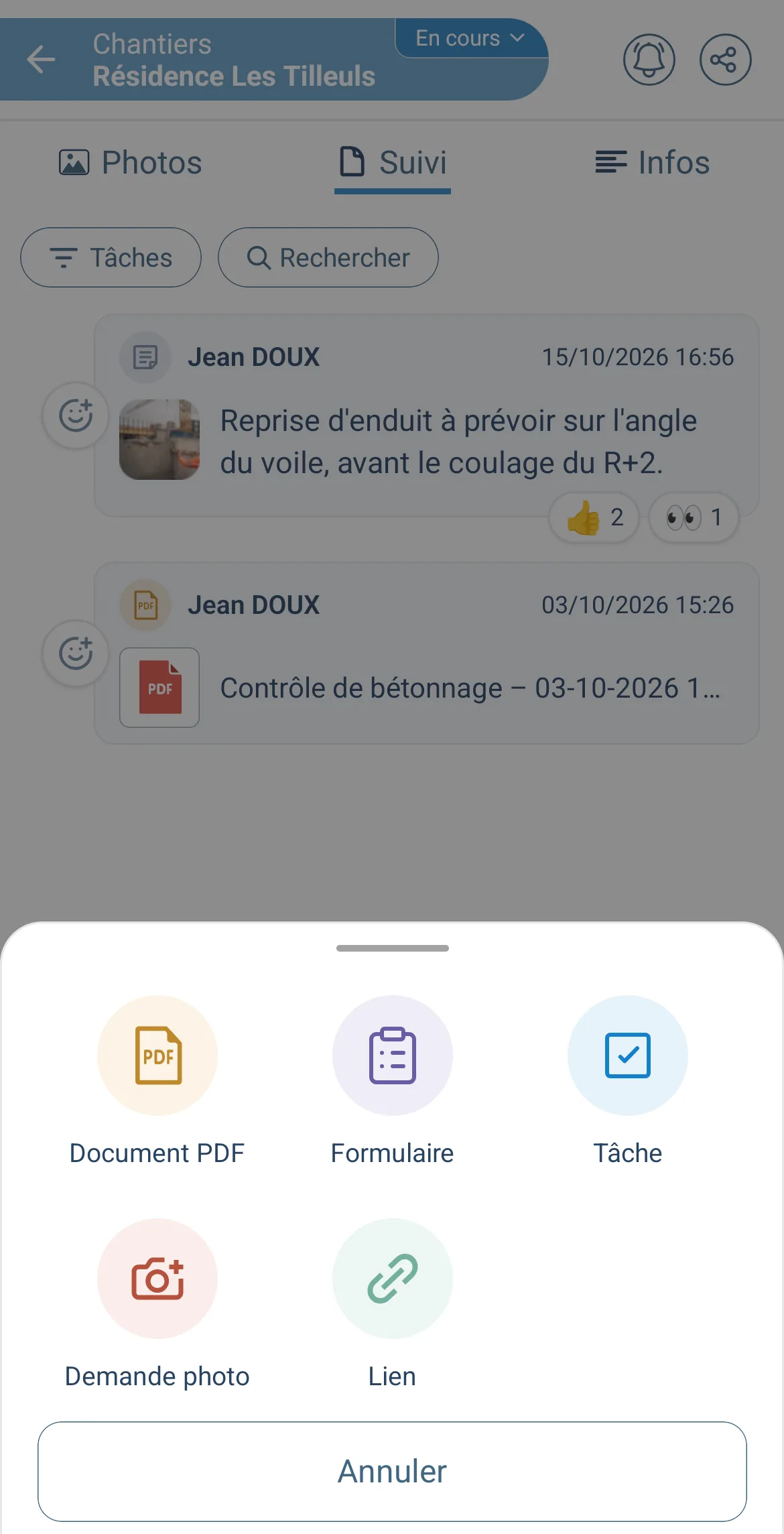 Le bouton « + » ouvert dans le suivi d'un chantier Letmo : document PDF, formulaire, tâche, demande de photo, lien