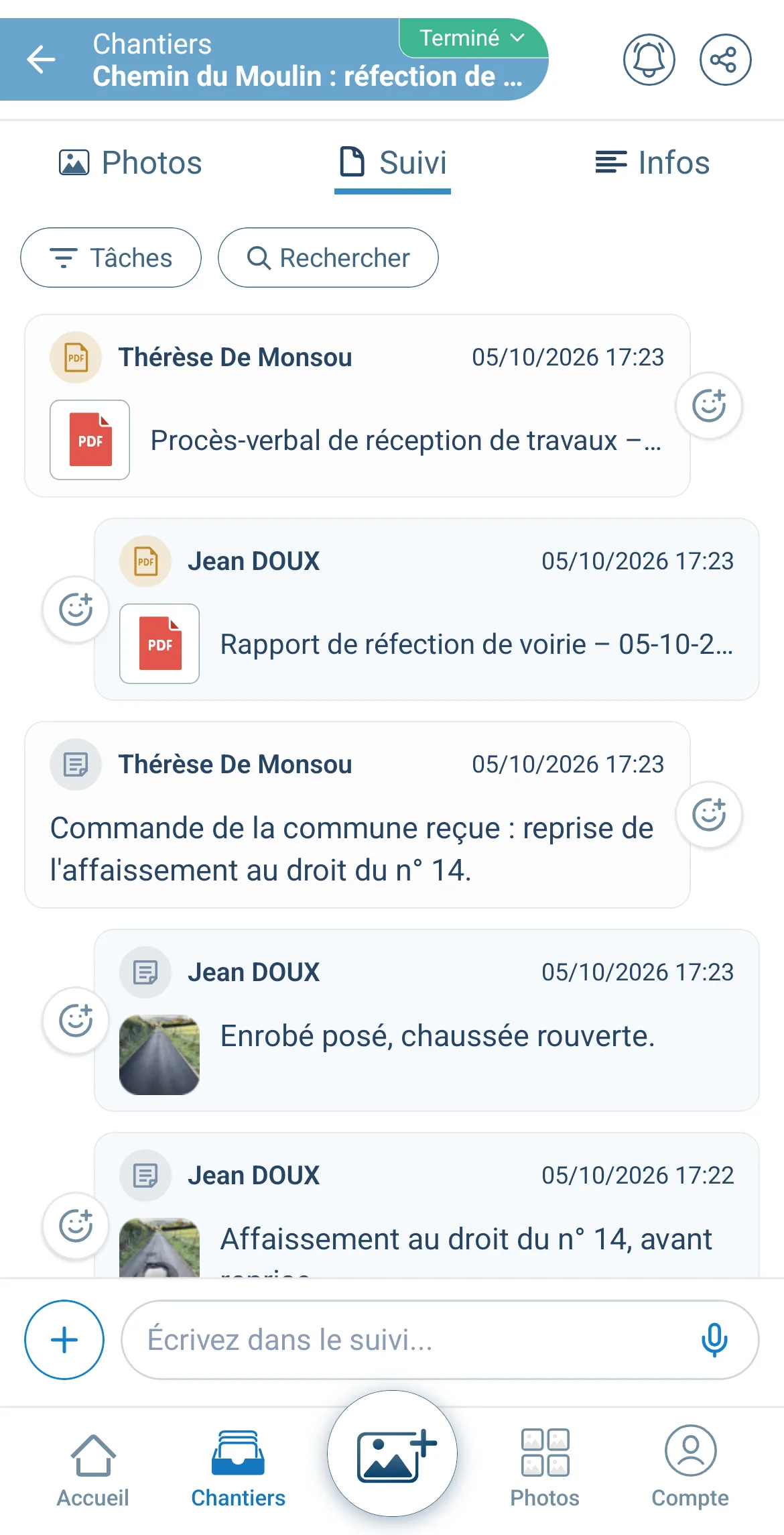 Suivi d'un chantier de voirie dans Letmo : procès-verbal, rapport, messages et photos, avec la barre « Écrivez dans le suivi » en bas de l'écran