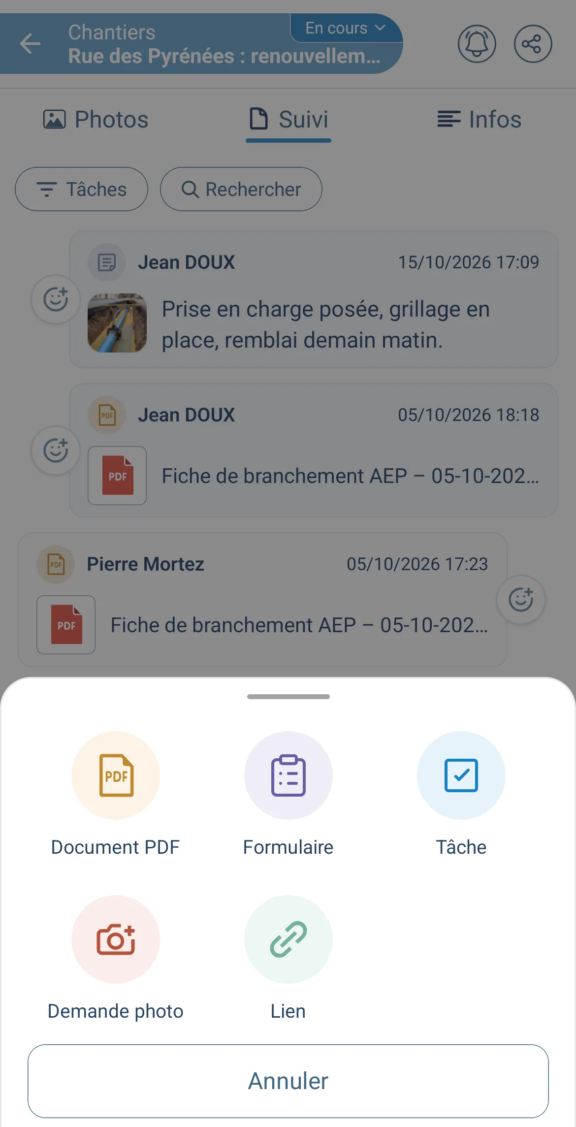 Suivi d'un chantier de voirie dans Letmo avec le bouton « + » ouvert : document PDF, formulaire, tâche, demande de photo, lien