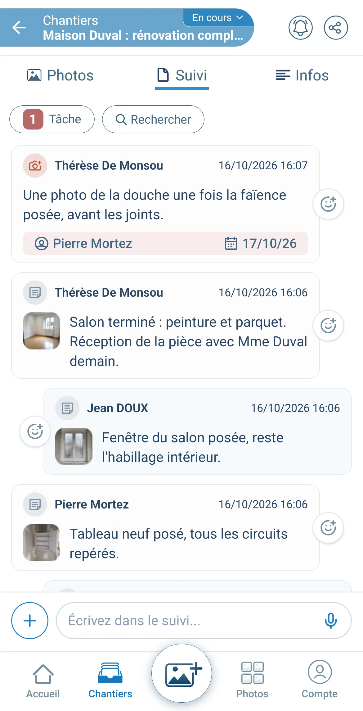 Suivi d'un chantier dans Letmo : une demande de photo assignée à Pierre Mortez pour le 17/10/26, et le filtre « 1 Tâche »