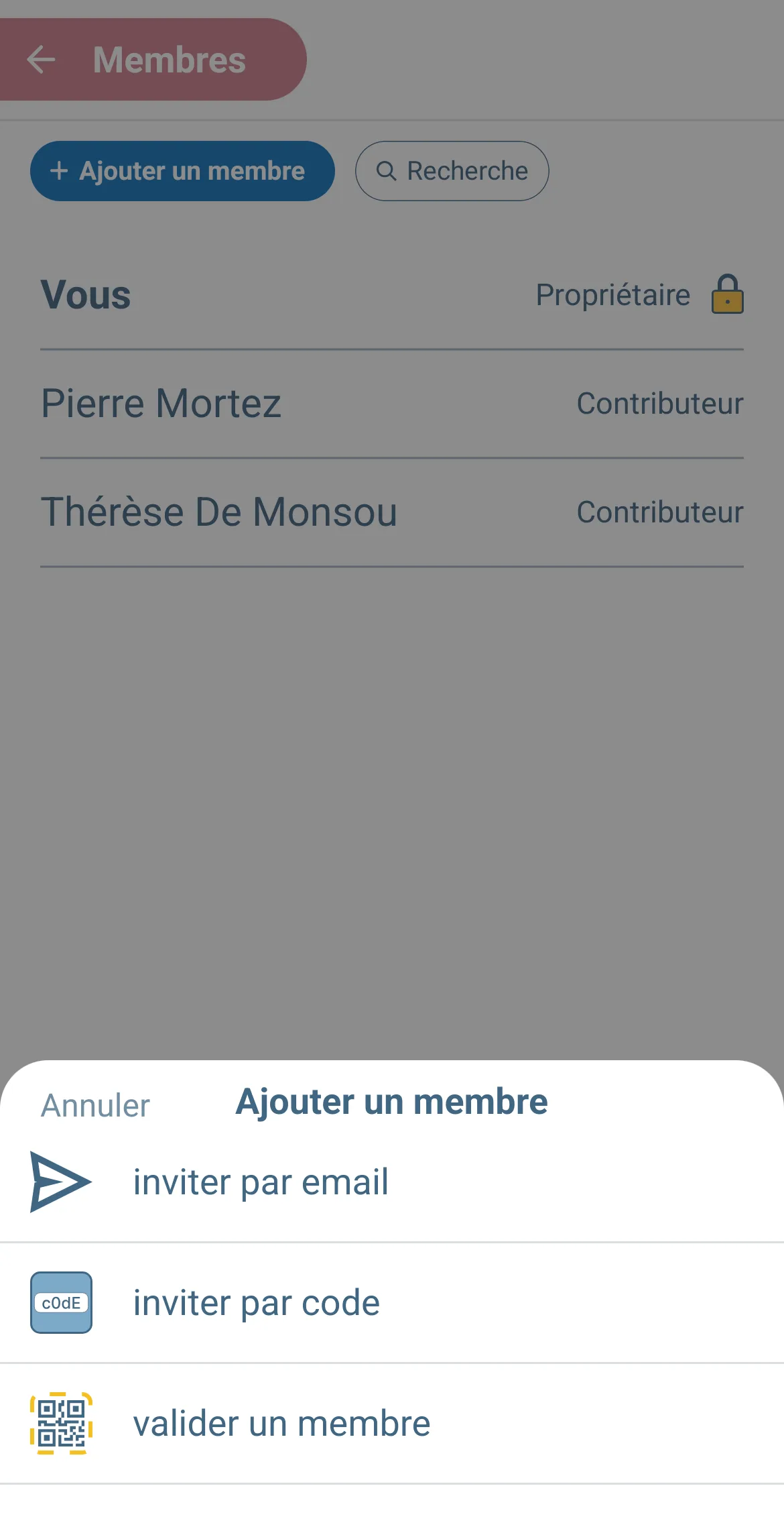 Fiche « Ajouter un membre » dans Letmo : inviter par email, inviter par code, valider un membre