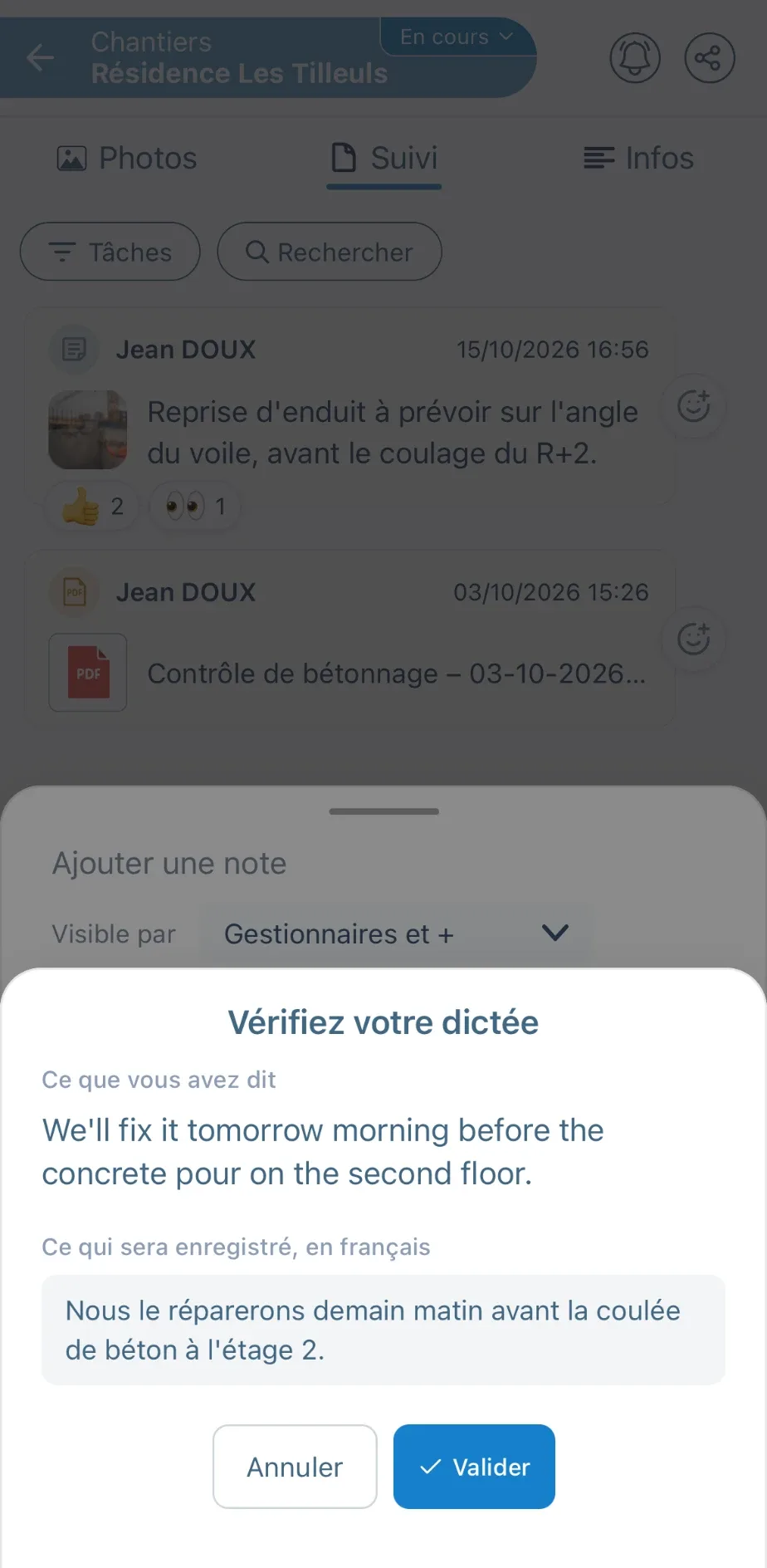 Fiche « Vérifiez votre dictée » dans Letmo : la phrase dite en anglais, puis le texte qui sera enregistré en français