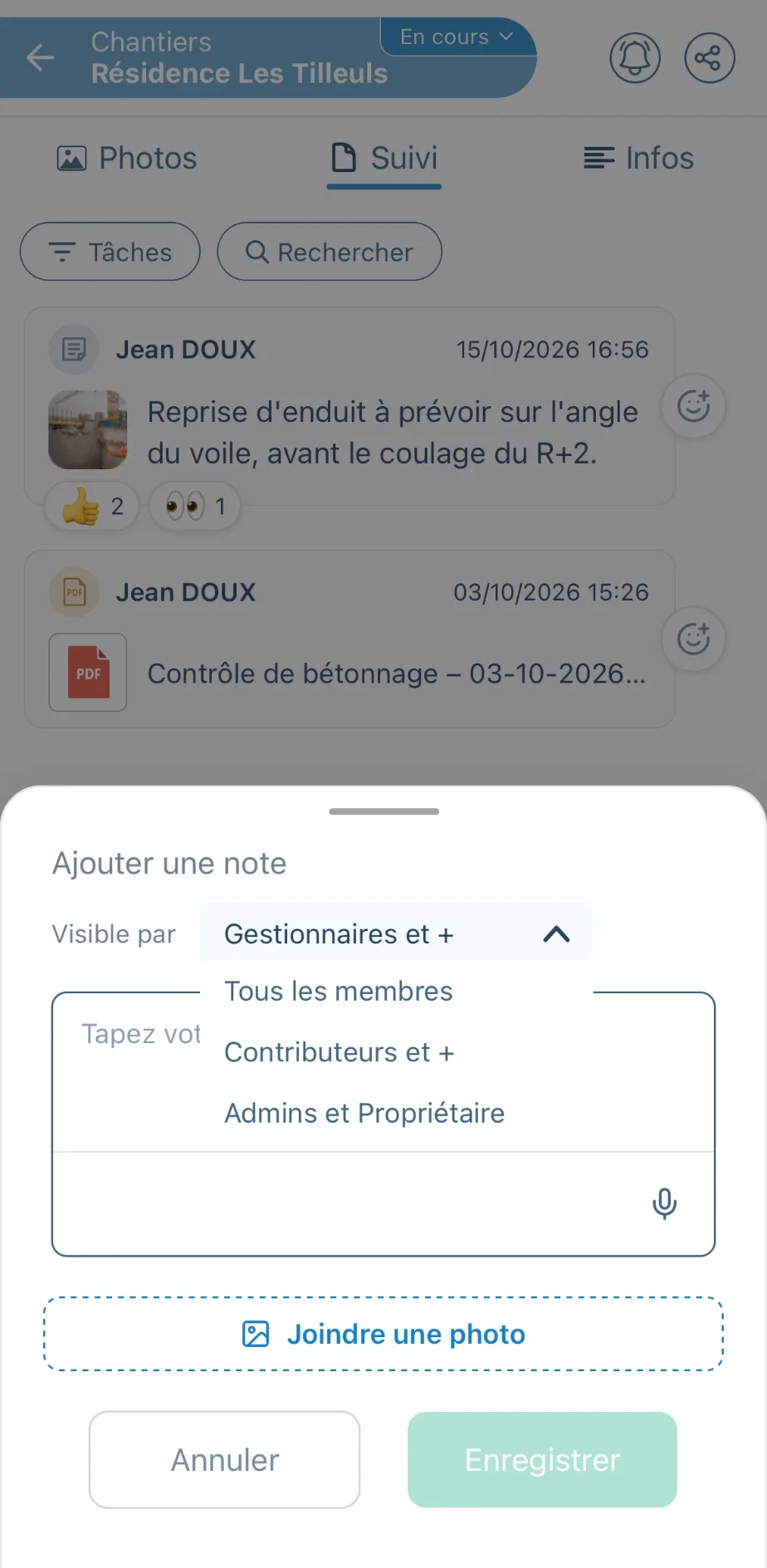 Fiche de saisie dans Letmo : le menu « Visible par » ouvert sur « Gestionnaires et + », avec les choix « Tous les membres », « Contributeurs et + » et « Admins et Propriétaire »