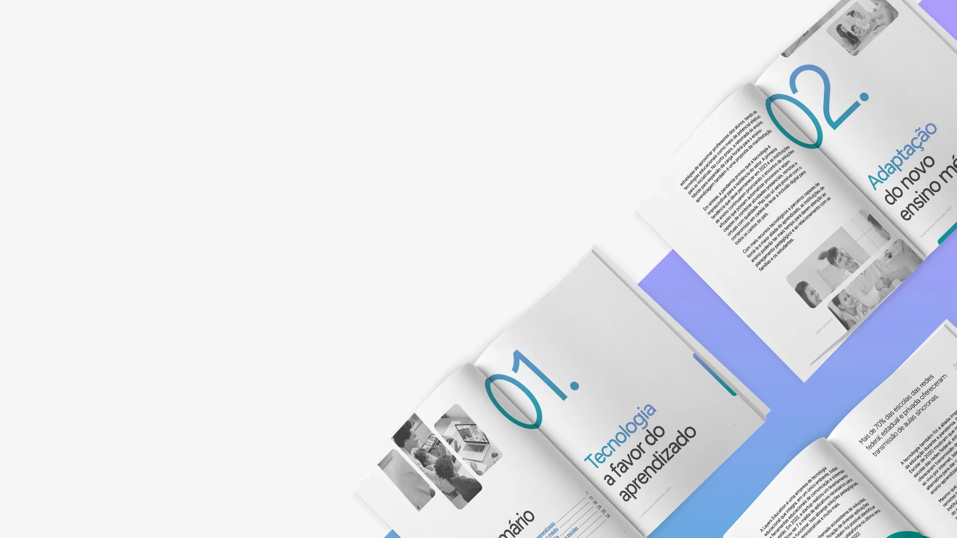 Páginas abertas e enfileiradas do relatório Tendências da Educação 2023.