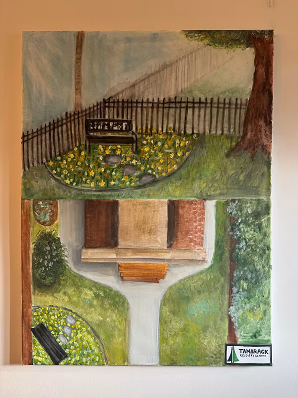 Painting of a garden with benches, flowers, trees, pathway, and a Tamarack Recovery Centre sign.