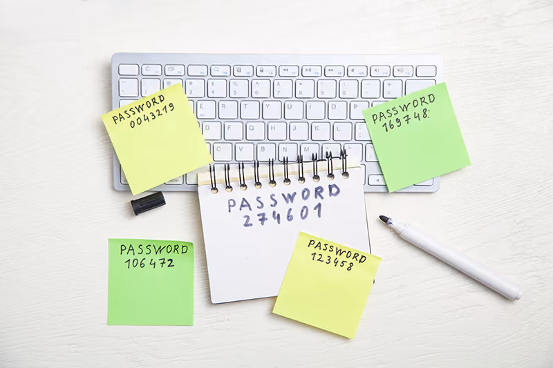Various passwords written on sticky notes and a notebook on top of a keyboard