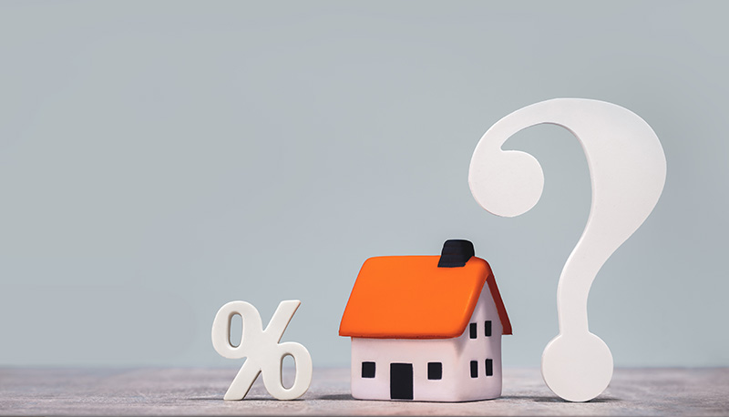 A percentage symbol, house, and question mark in a line