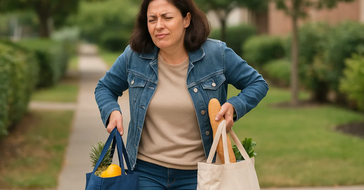 Woman carrying heavy grocery bags, symbolizing femoral hernia risk.
