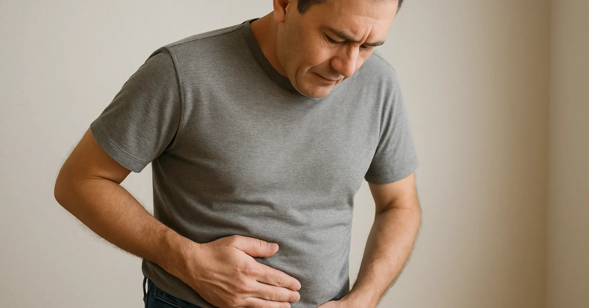 Man holding abdomen near surgical scar, symbolizing incisional hernia.