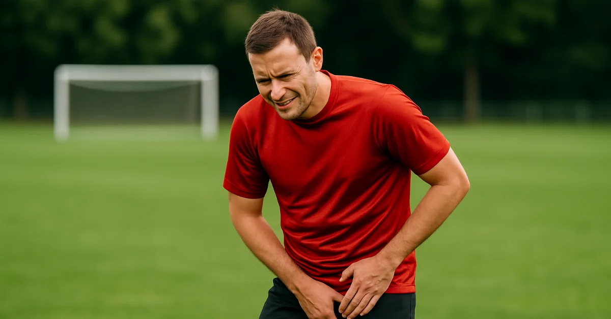 Soccer player clutching groin, showing possible sports hernia injury.