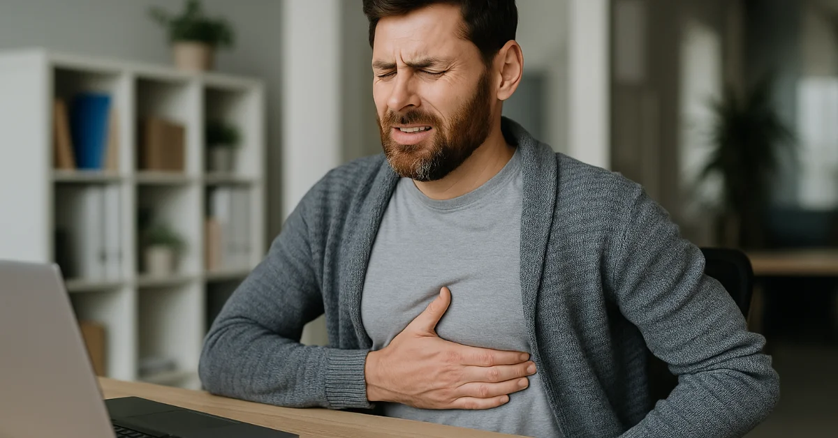 Man holding upper abdomen just below chest while sitting at desk, symbolizing epigastric hernia discomfort