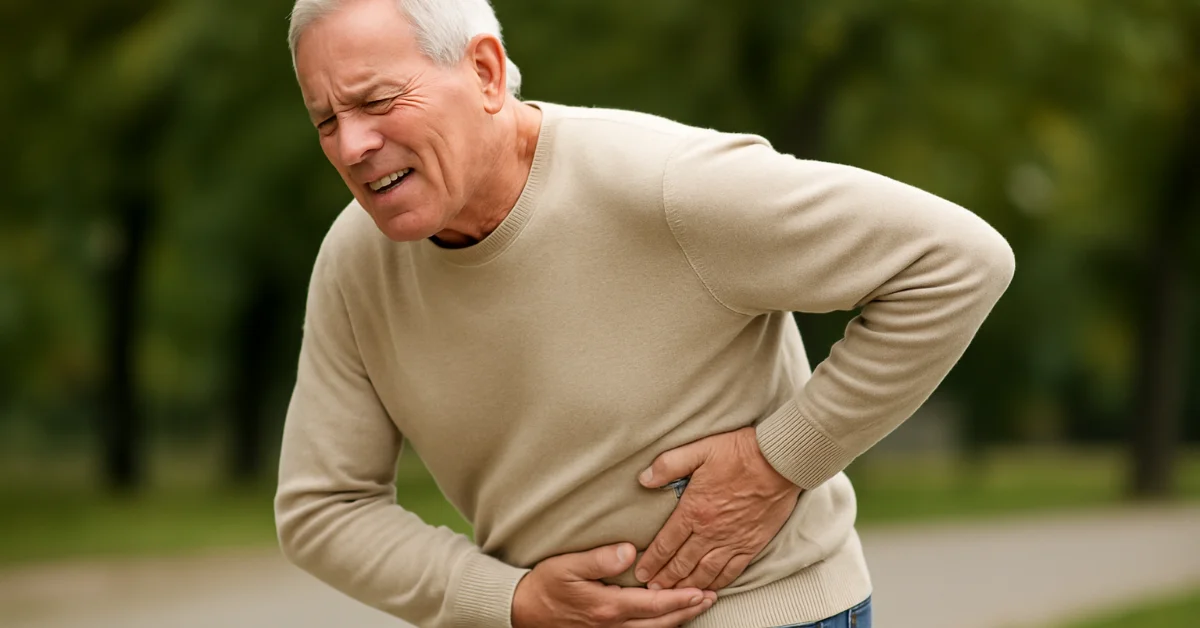 Older man holding side of abdomen while bending, representing Spigelian hernia pain.
