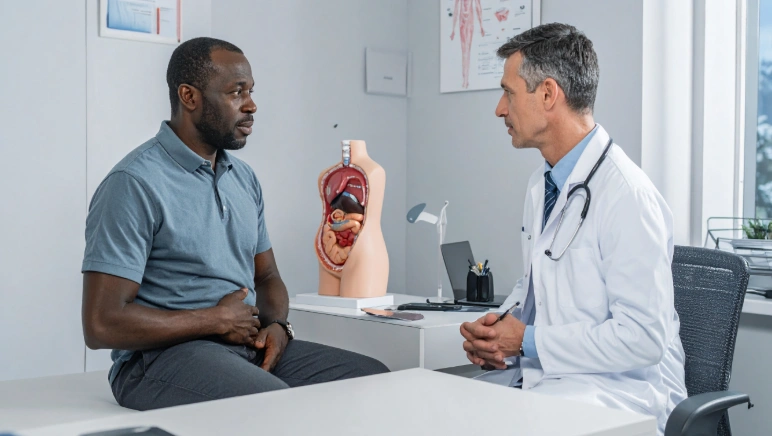 Patient discussing a painless abdominal hernia with a surgeon during consultation