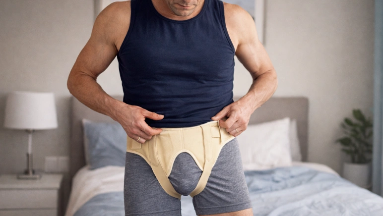 A man adjusting a hernia support belt around his lower abdomen, looking unsure if it's working.