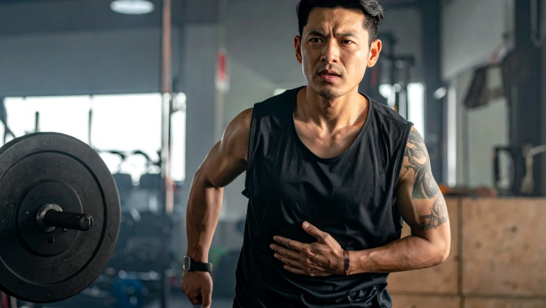 A fit adult man in a gym pausing mid-lift with one hand near his lower abdomen, looking concerned.