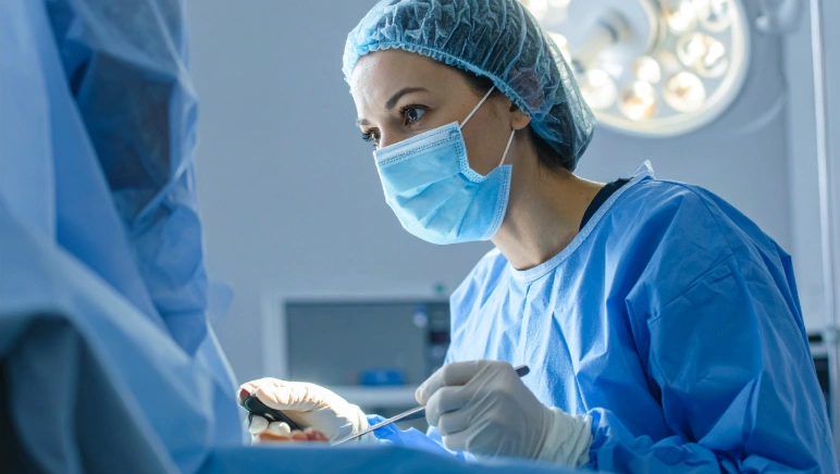 General surgeon examining a patient for a possible hernia during a clinical evaluation