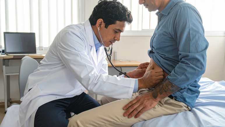 Doctor examining a patient for inguinal hernia complications in a clinical setting