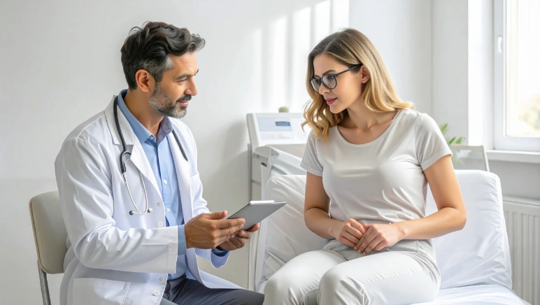 Patient indicating lower abdominal or groin pain while speaking with a doctor in a clinical setting, realistic healthcare environment, non-graphic, neutral lighting, professional and reassuring tone