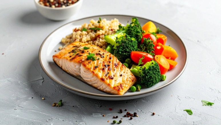 Healthy foods recommended after hernia surgery including lean protein and vegetables