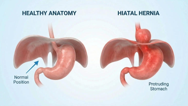 Diagram depicting a regular esophagus versus a hiatal hernia