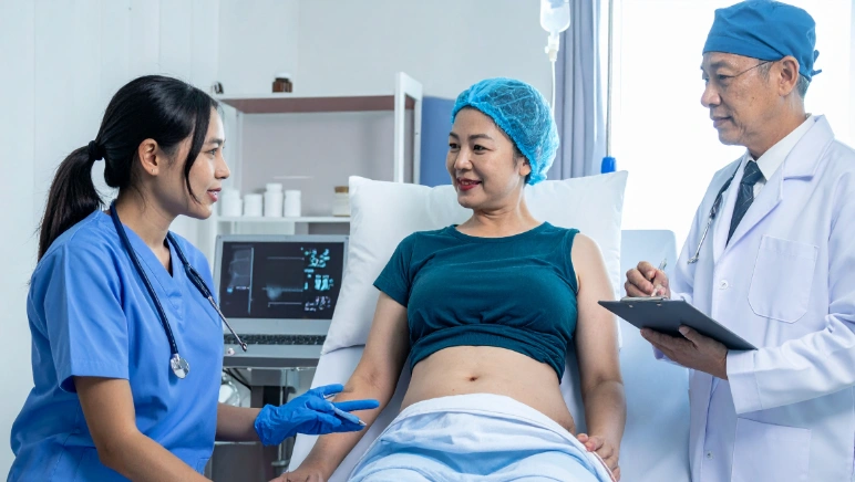 Patient discussing abdominal appearance and recovery expectations after hernia repair surgery with a surgeon