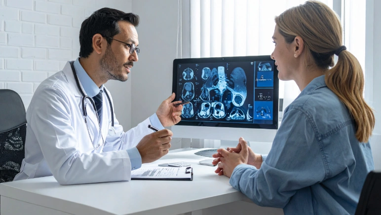 Surgeon explaining hernia imaging results to a patient during a consultation