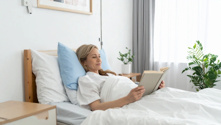 Person reading a book in bed with supportive pillows during recovery after hernia surgery