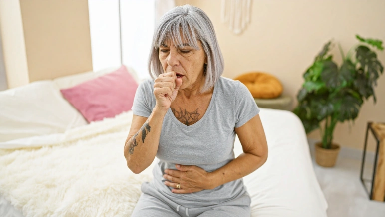Woman experiencing lower abdominal discomfort while coughing