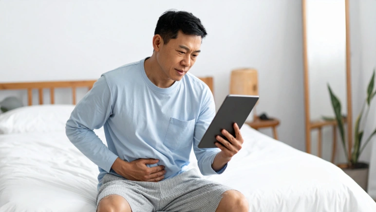 Adult male holding his lower abdomen while experiencing digestive discomfort related to constipation and a possible hernia.