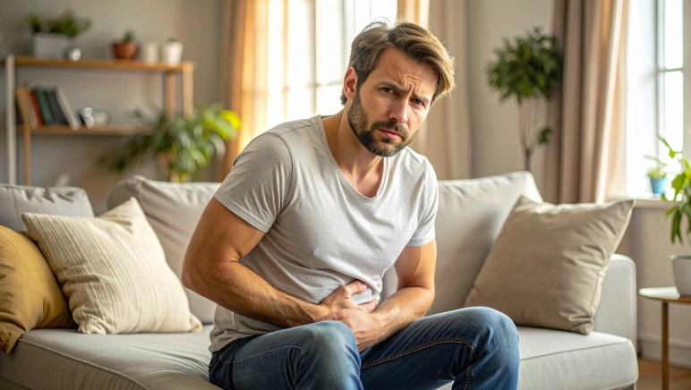 Adult experiencing abdominal discomfort and bloating associated with constipation