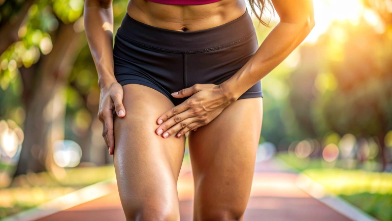 Female jogger holding her lower groin and upper thigh due to possible femoral hernia discomfort