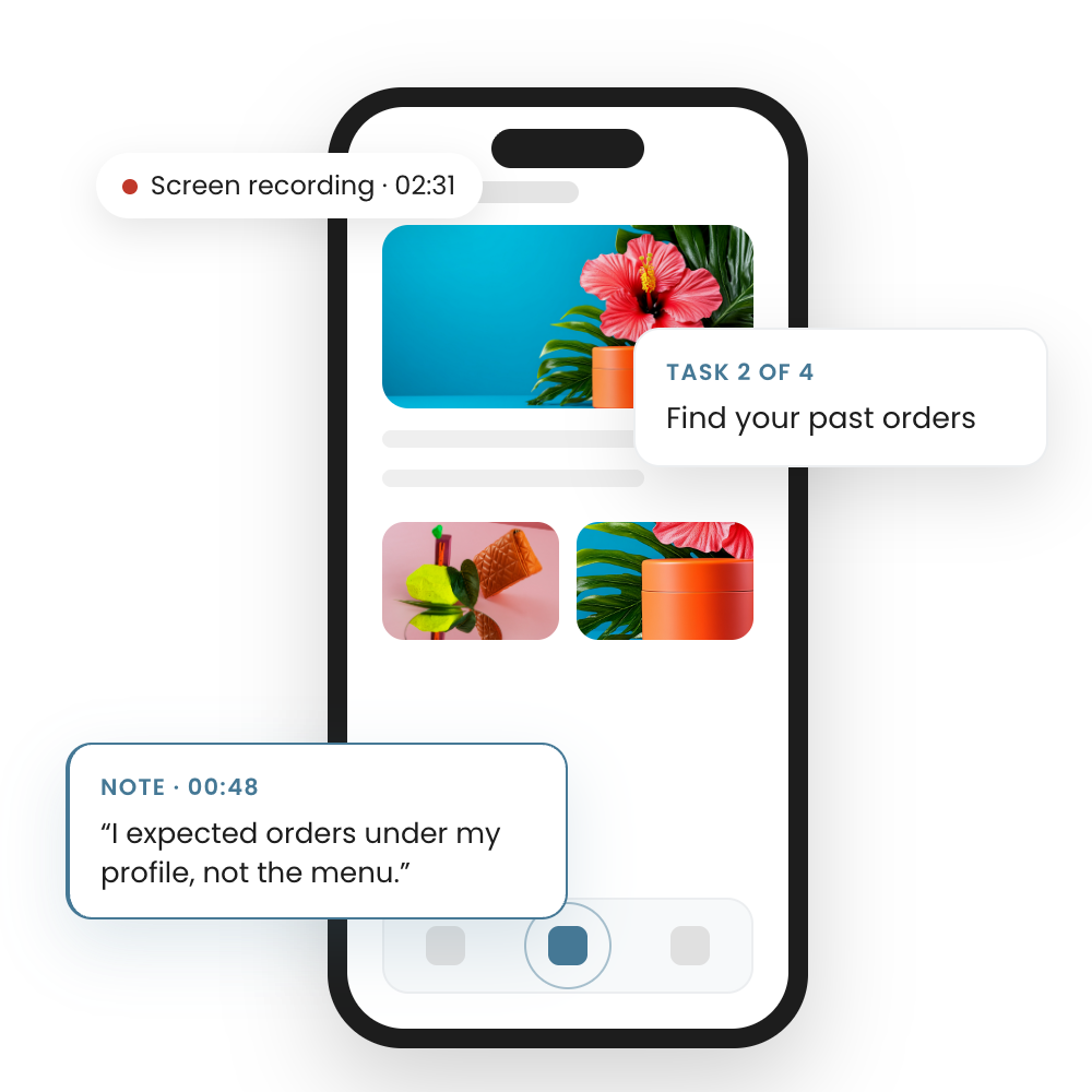Mobile test with screen recording, task prompt and research note