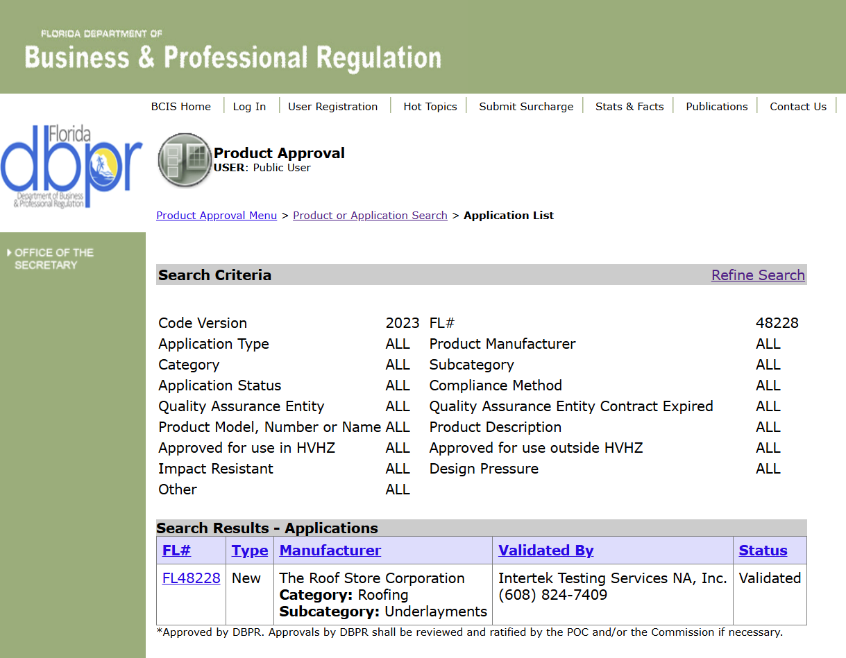 Image of The Roof Store Synthetic Underlayment Florida Approval # 48228 and the link is https://www.floridabuilding.org/pr/pr_app_lst.aspx