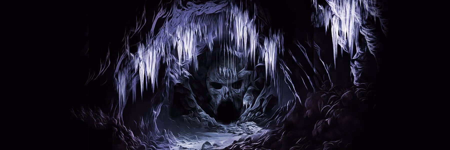 A dark and sinister cave with a skull-shaped entrance to a palace of darkness.