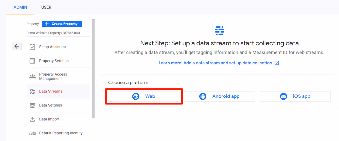 GA4 create a data stream